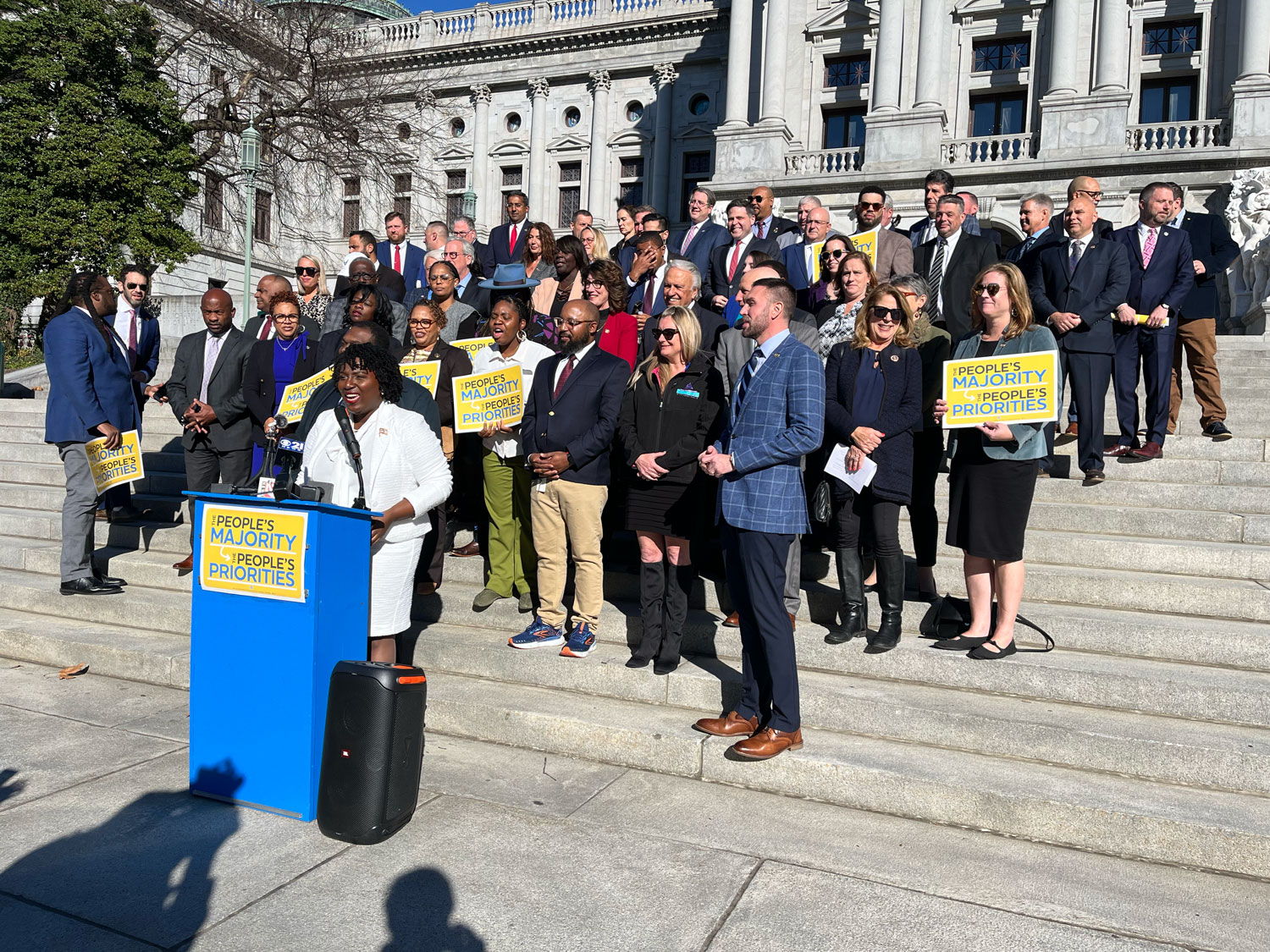 House Democrats speak outside the Pennsylvania Capitol after retaining their one-seat majority.