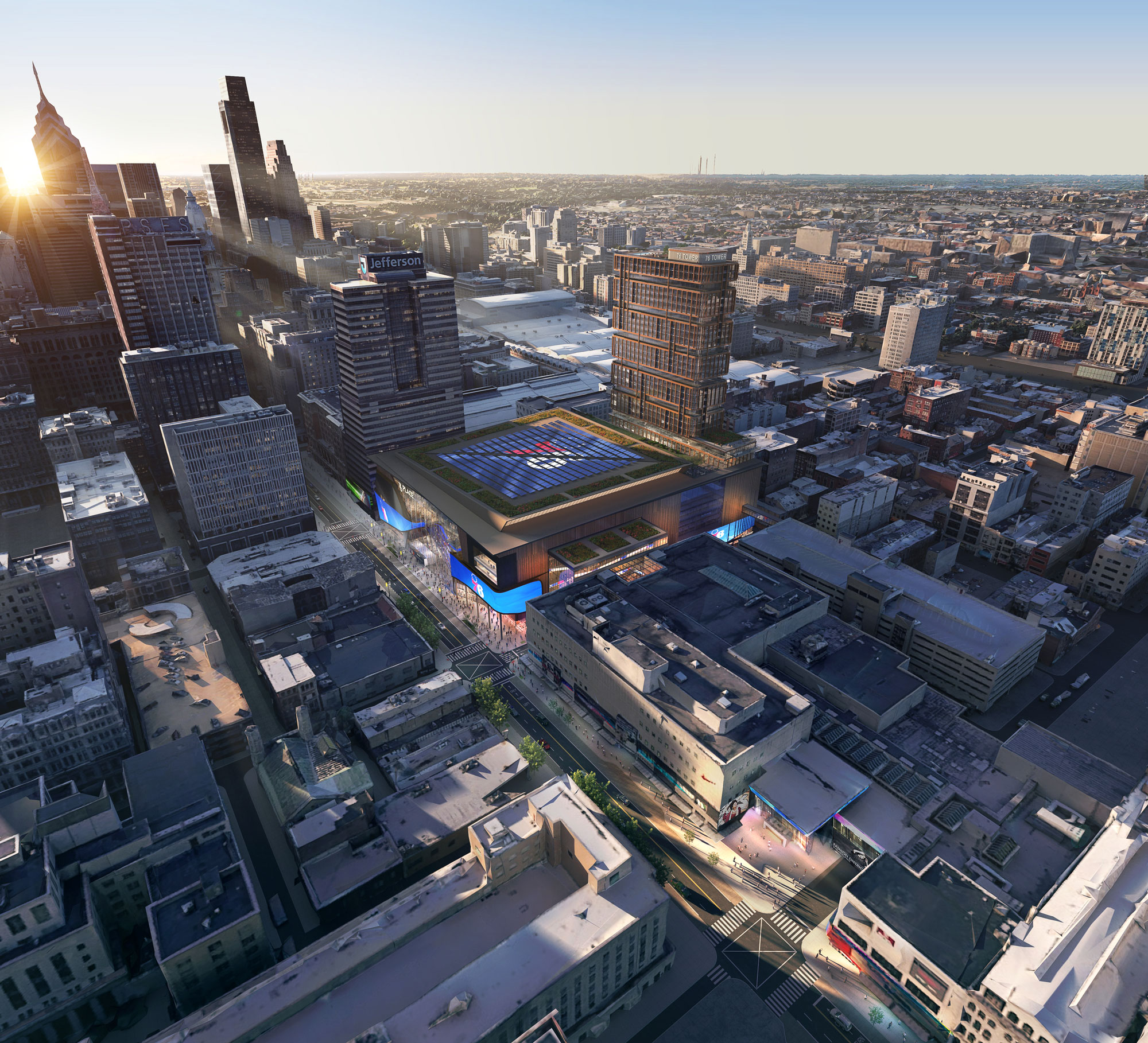 A rendering of the Philadelphia 76ers arena proposed for the Market East area near Center City.