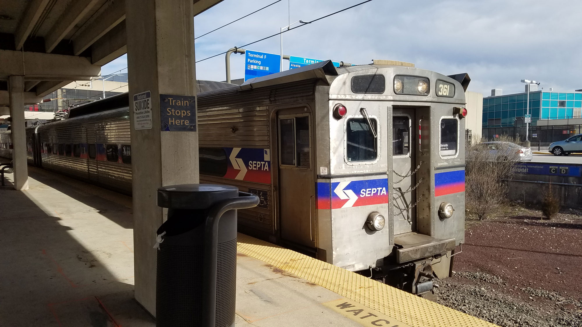 A SEPTA train at an airport terminal in Philadelphia.