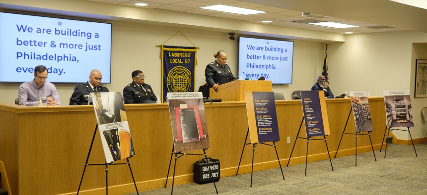 Philadelphia Sheriff Rochelle Bilal speaks at a press conference at Laborers Local 57 in Philadelphia on April 14, 2025.